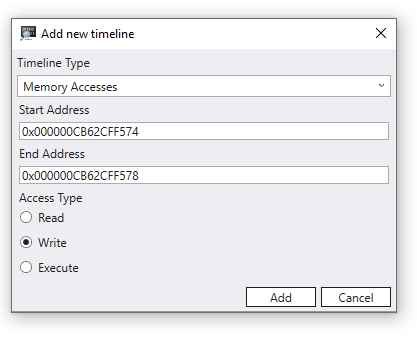 Screenshot of adding a Memory Accesses dialog with the Write option selected.