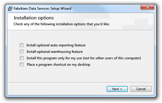 screen shot of setup dialog box with four options
