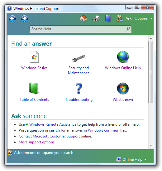 screen shot of windows help and support page