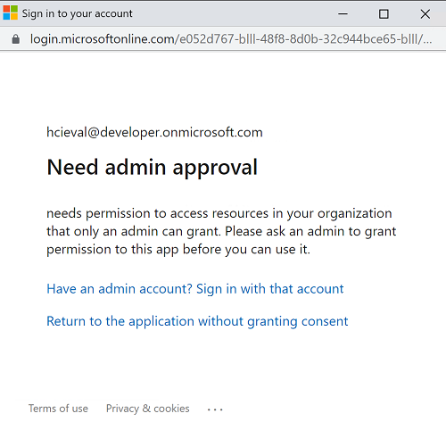 Dialog saying that consent requires admin approval