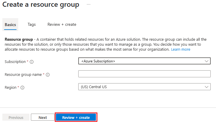 Screenshot of setting resource group property values in Azure portal