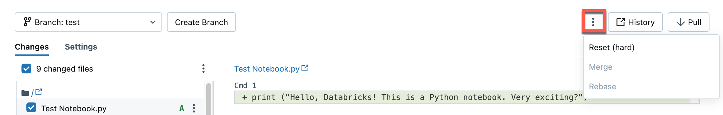 Menu in the Git folder dialog for branch operations.