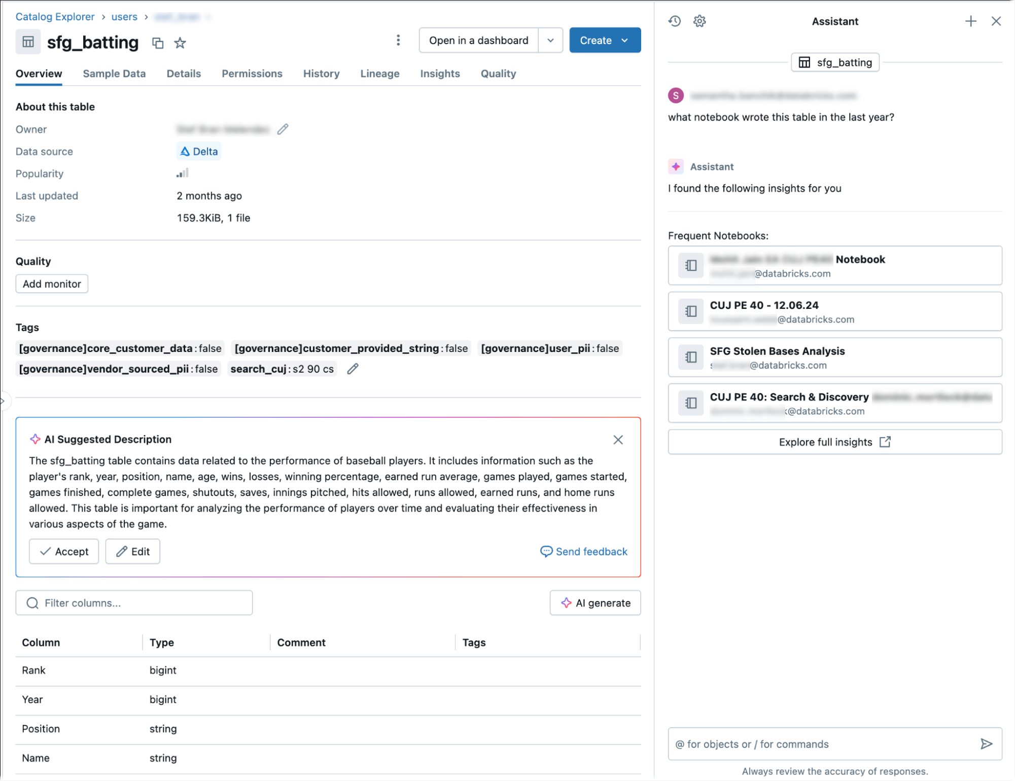 Genie Code provides table lineage and insights.