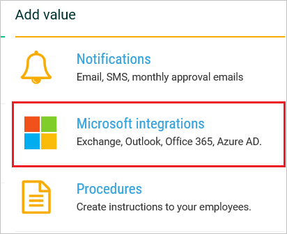 Screenshot shows Add value with Microsoft integrations selected.