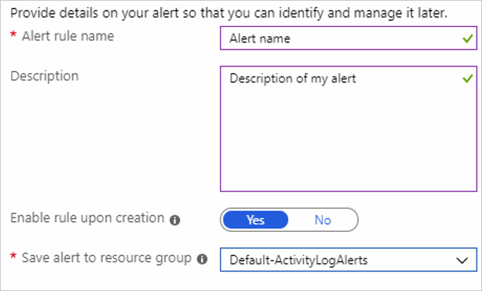 Screenshot that shows the alert details section.