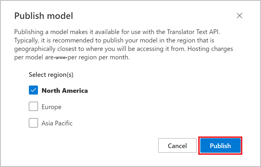 Screenshot illustrating the publish-model blade.