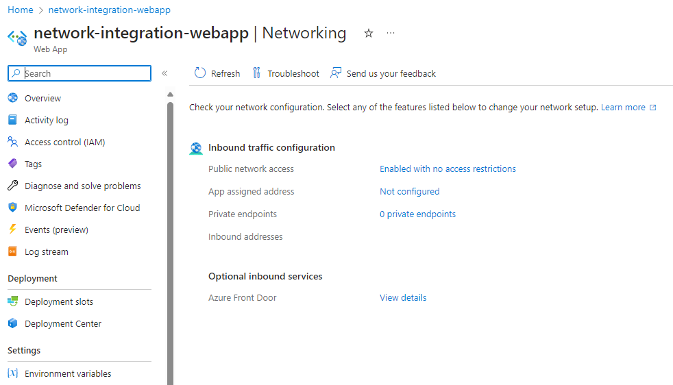 Screenshot of the App Service networking options page in the Azure portal.