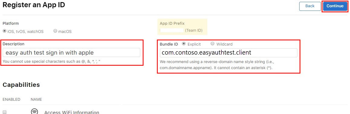 Configuring a new app identifier in the Apple Developer Portal