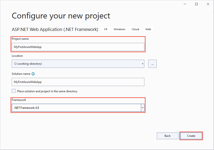 Screenshot of Visual Studio - Configure ASP.NET Framework 4.8 web app.