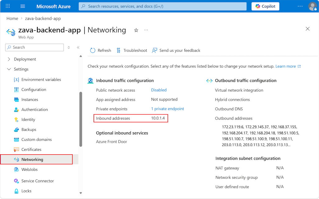 Screenshot that shows the Networking page for a web app in the Azure portal with the inbound IP address highlighted.
