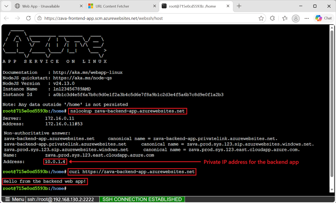 Screenshot of an SSH session to a frontend instance showing how to validate app connections to the backend.