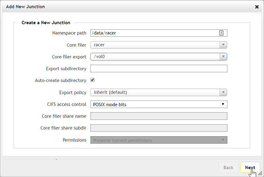 Screenshot of the "Add new junction" page with the fields completed for junction, core filer, and export