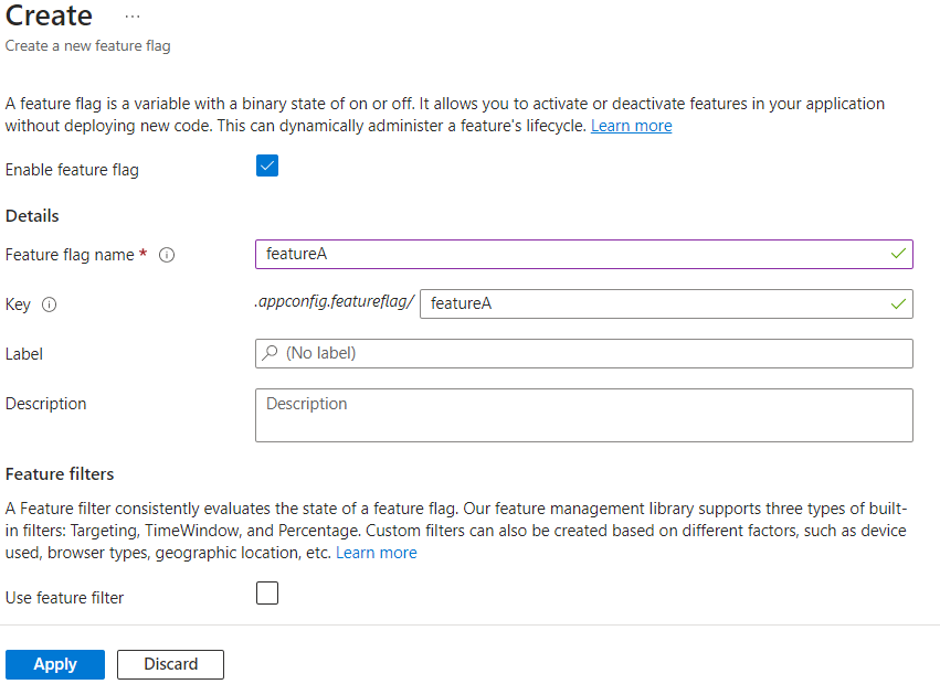 Screenshot of the Azure portal that shows the configuration settings to create a feature flag.