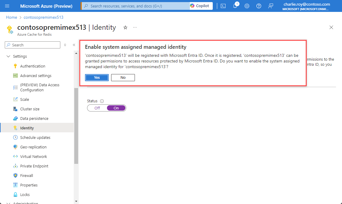 Screenshot asking if you want to enable managed identity.