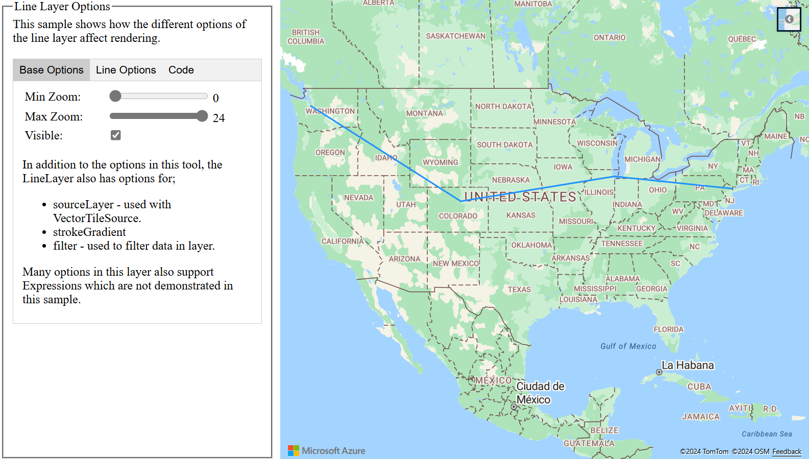 A screenshot showing the Line Layer Options sample that shows how the different options of the line layer affect rendering.