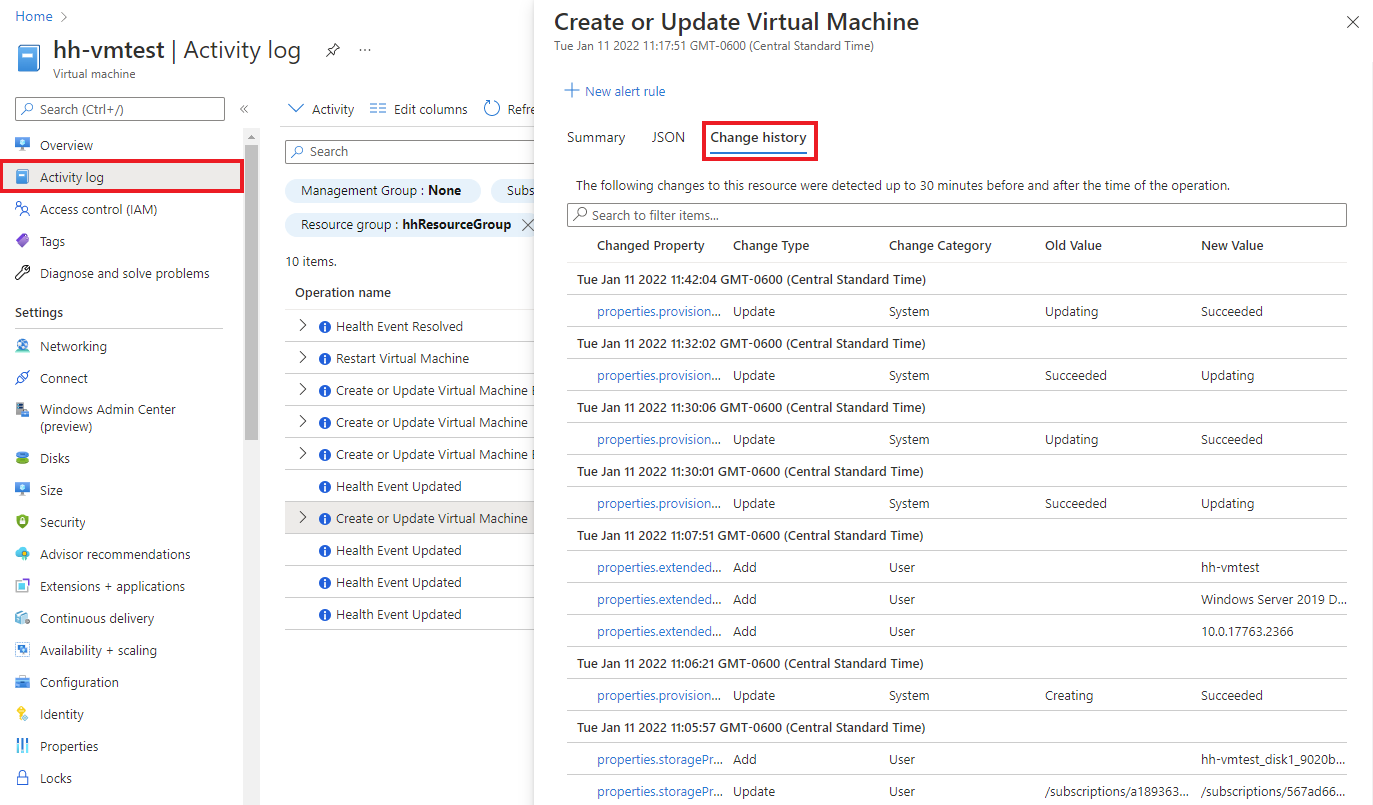 Screenshot showing Activity Log change history integration.