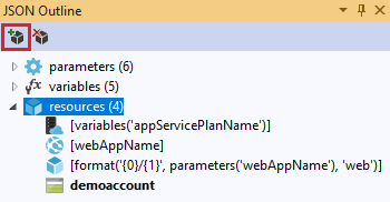 Screenshot of the JSON Outline window with the Add New Resource option highlighted.