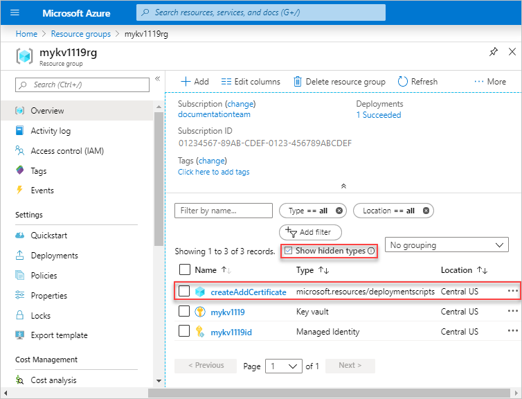 Screenshot of Resource Manager template deployment script with show hidden types option in portal.