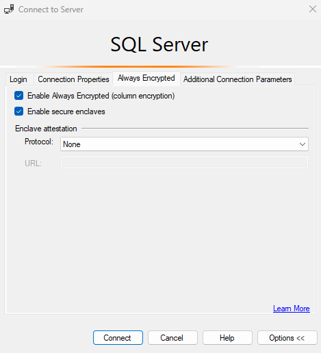 Screenshot of the SSMS Connect to Server dialog Always Encrypted tab, with attestation protocol set to None.