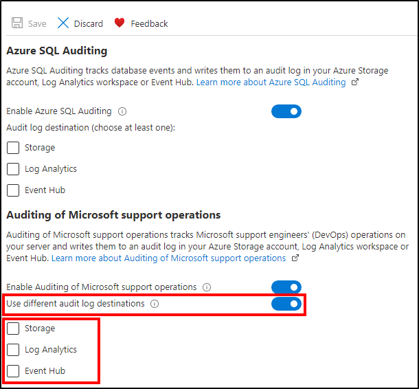 Screenshot of Auditing configuration for auditing Microsoft support operations.