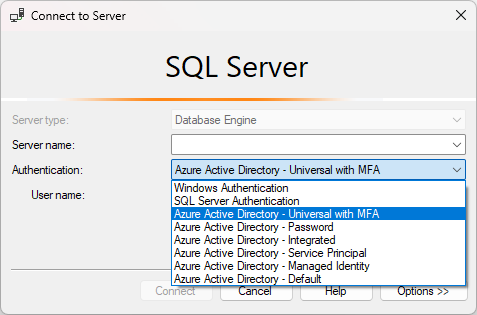 Screenshot of the Connect to Server dialog in SSMS. "Azure Active Directory - Universal with MFA" is selected from the authentication dropdown window.
