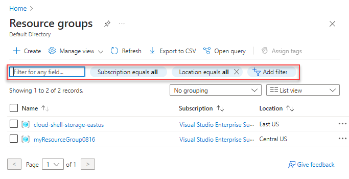Screenshot from the Azure portal showing how to search for and filter for Azure Resource groups.