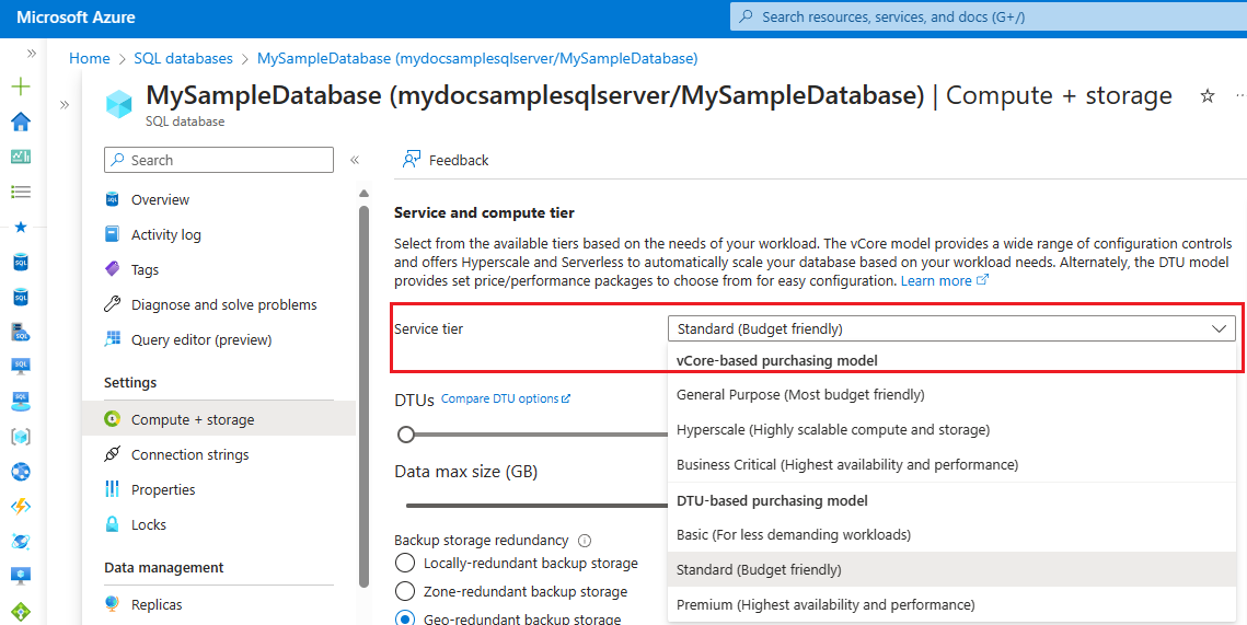 Screenshot of the compute + storage page of the SQL database in the Azure portal with Service tier selected.