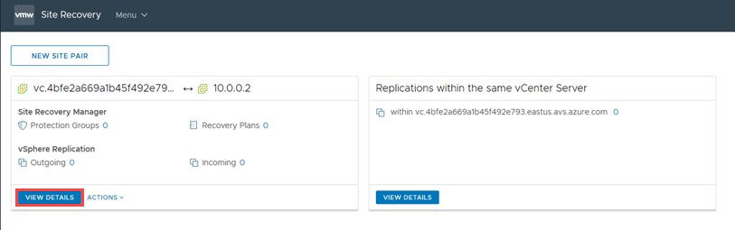 Screenshot showing the new site pair details for Site Recovery Manager and vSphere Replication.