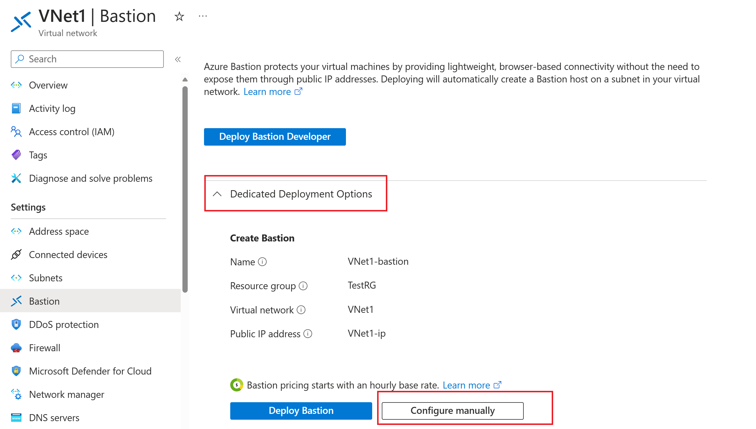 Screenshot that shows dedicated deployment options for Azure Bastion and the button for manual configuration.