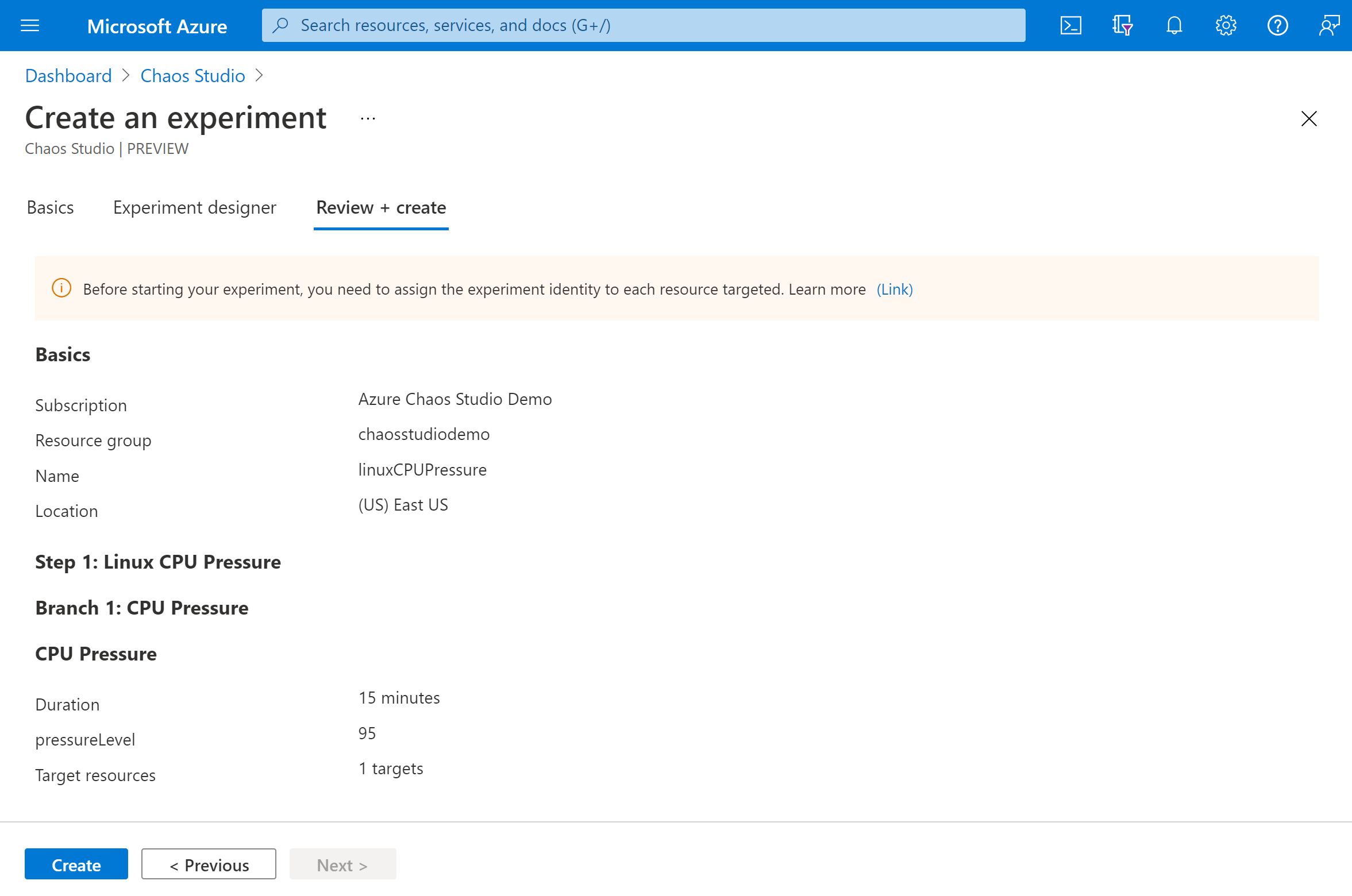 Screenshot that shows reviewing and creating the experiment.