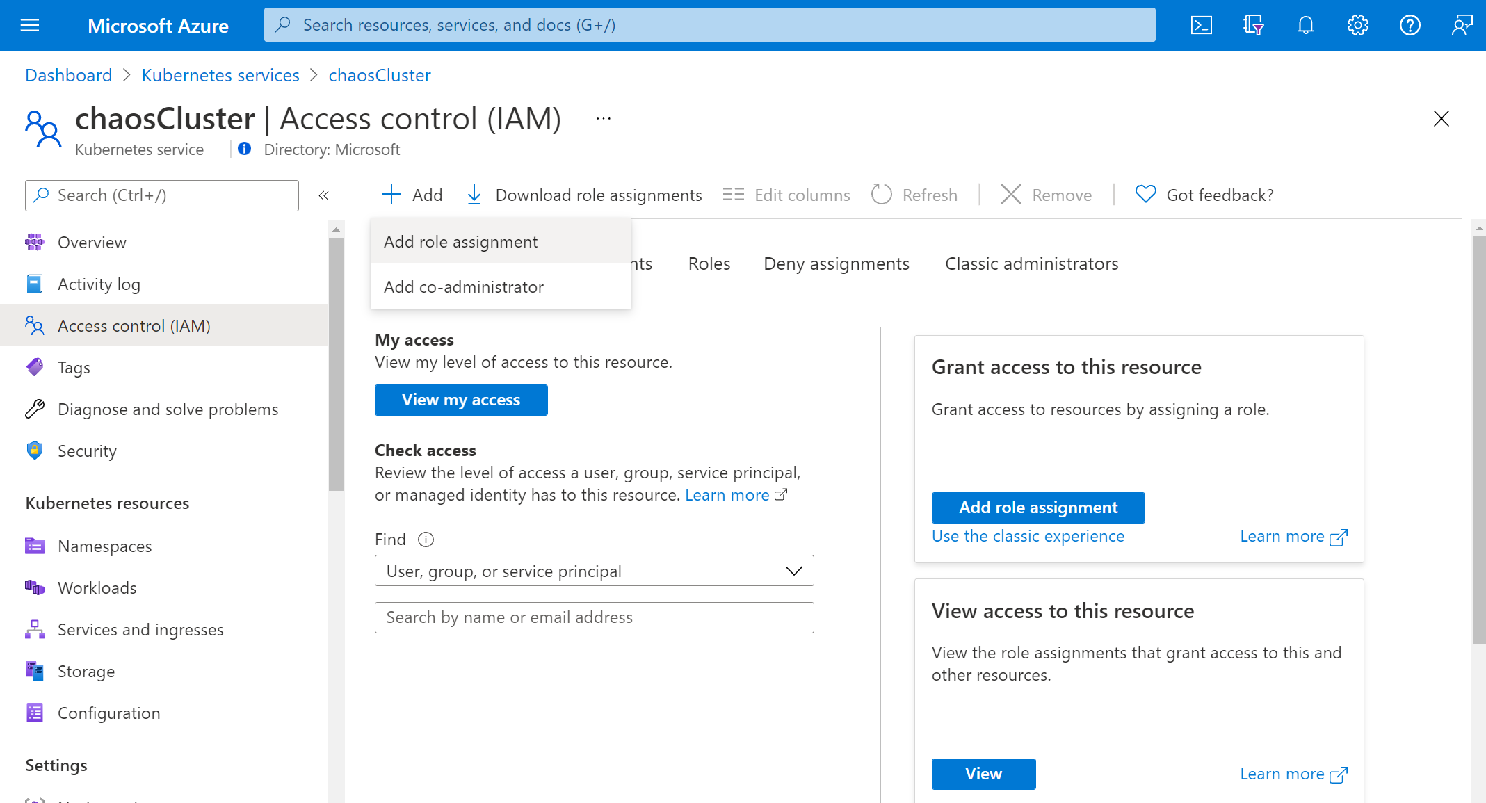 Screenshot that shows the Access control (IAM) overview.