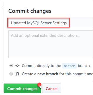 Screenshot highlighting the Commit changes button on the edit pane.