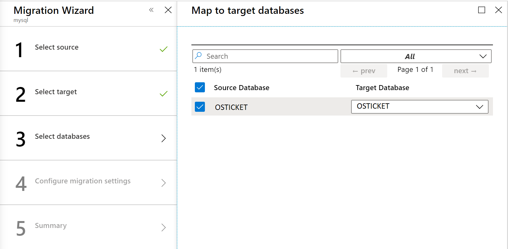Screenshot of the Migration wizard Map to target databases pane.