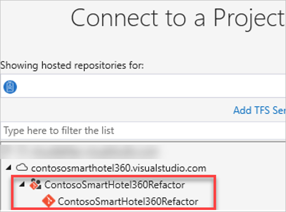 Screenshot that shows the Connect to a Project dialog.