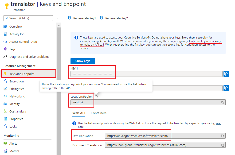 Screenshot: Azure portal keys and endpoint page.