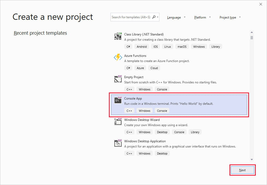 Screenshot of selections for creating a console app project in Visual Studio.