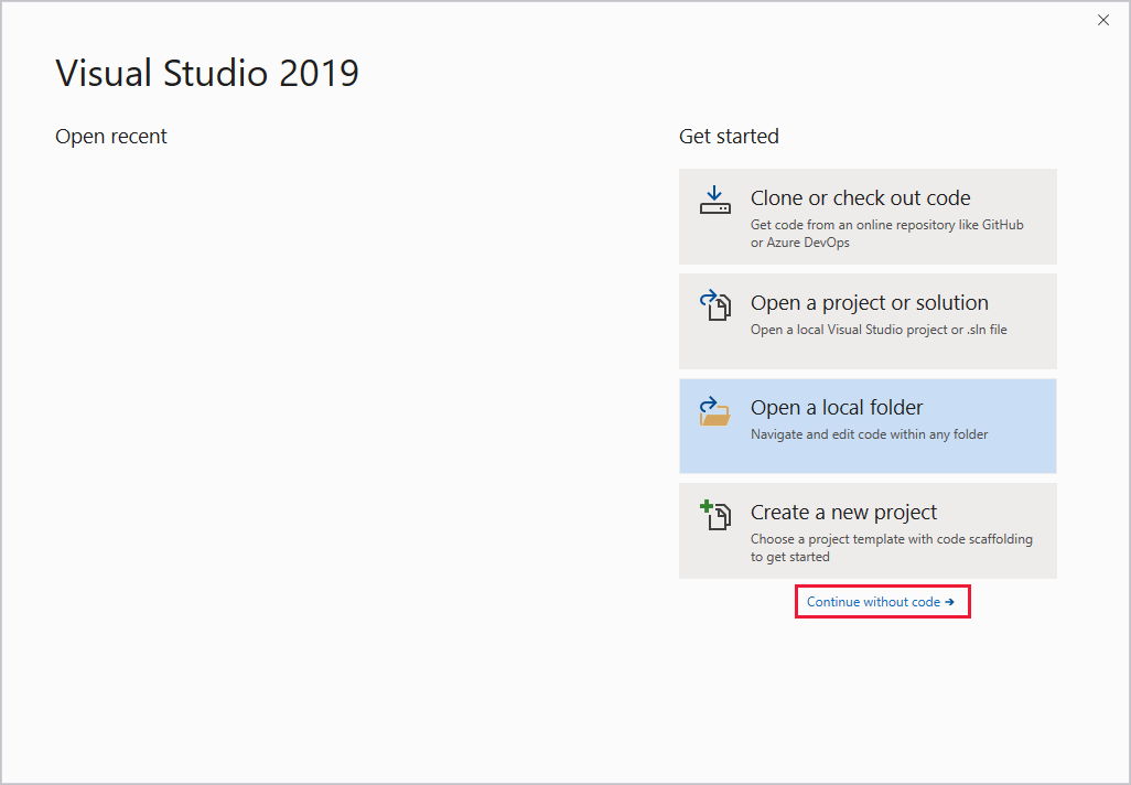 Screenshot that shows the Visual Studio 2019 start window.