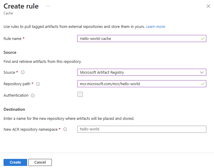 Screenshot showing details entered to create a new cache rule for a container registry in the Azure portal.