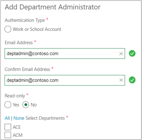 Example showing the Add Department Administrator dialog box