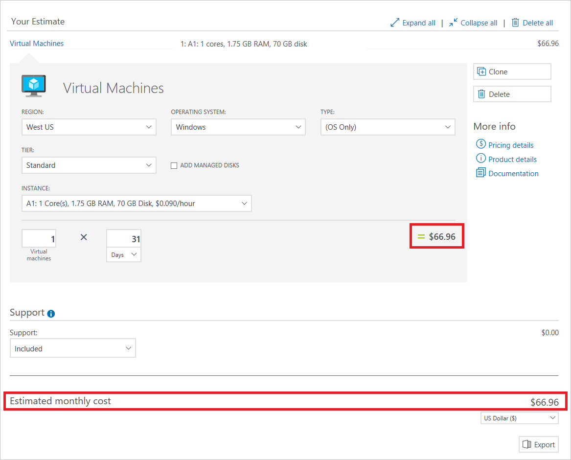 Screenshot of the pricing calculator showing an A1 Windows VM estimated cost per month.