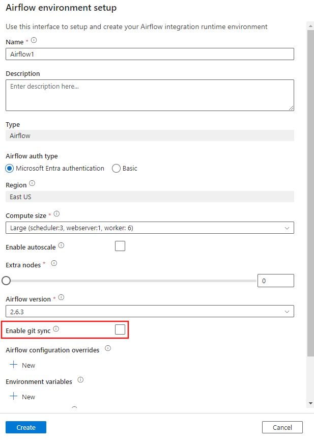 Screenshot that shows the Enable git sync checkbox in the Airflow environment setup dialog that appears during creation of an Airflow integration runtime.