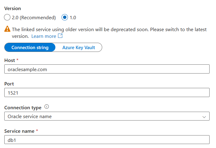 Screenshot of version 1.0 linked service.