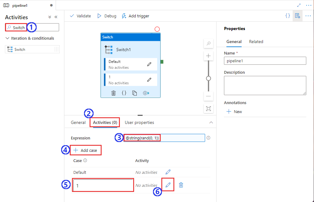 Shows the UI for a Switch activity with numbered indications of each step to configure it.