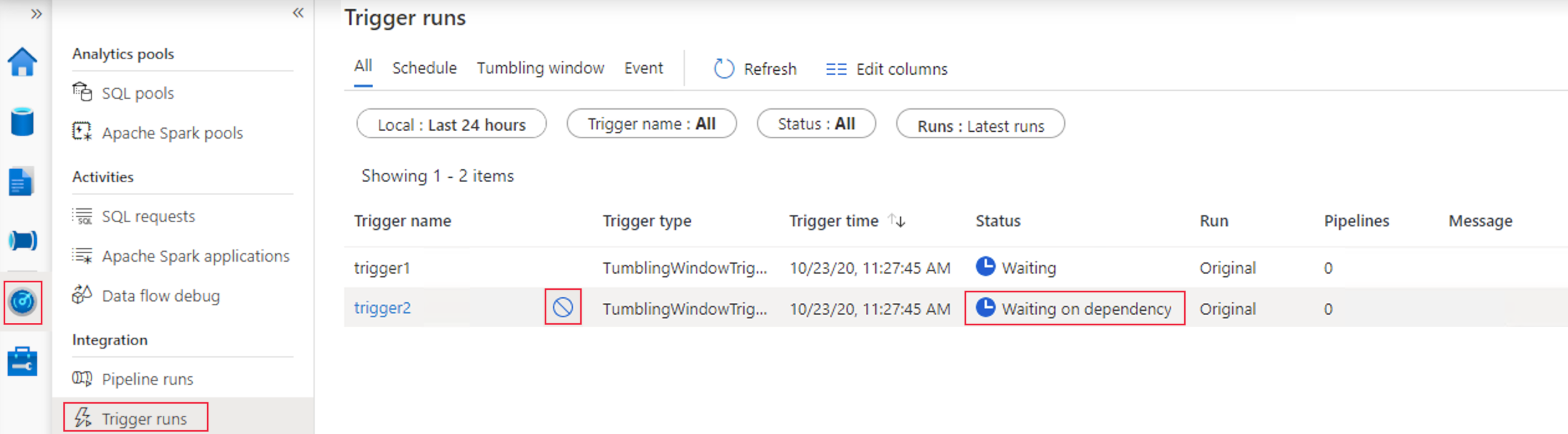 Screenshot that shows canceling a tumbling window trigger from the Monitoring page in Azure Synapse.