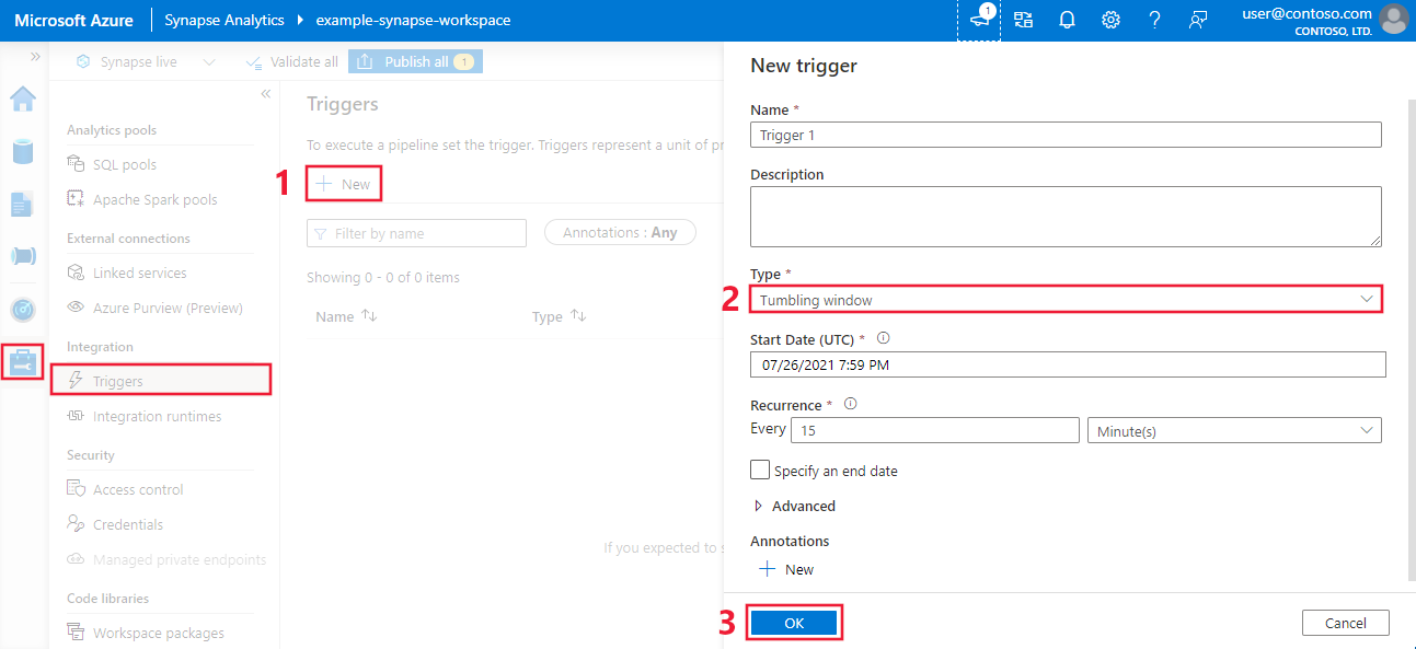 Screenshot that shows creating a tumbling window trigger in the Azure portal in Azure Synapse.