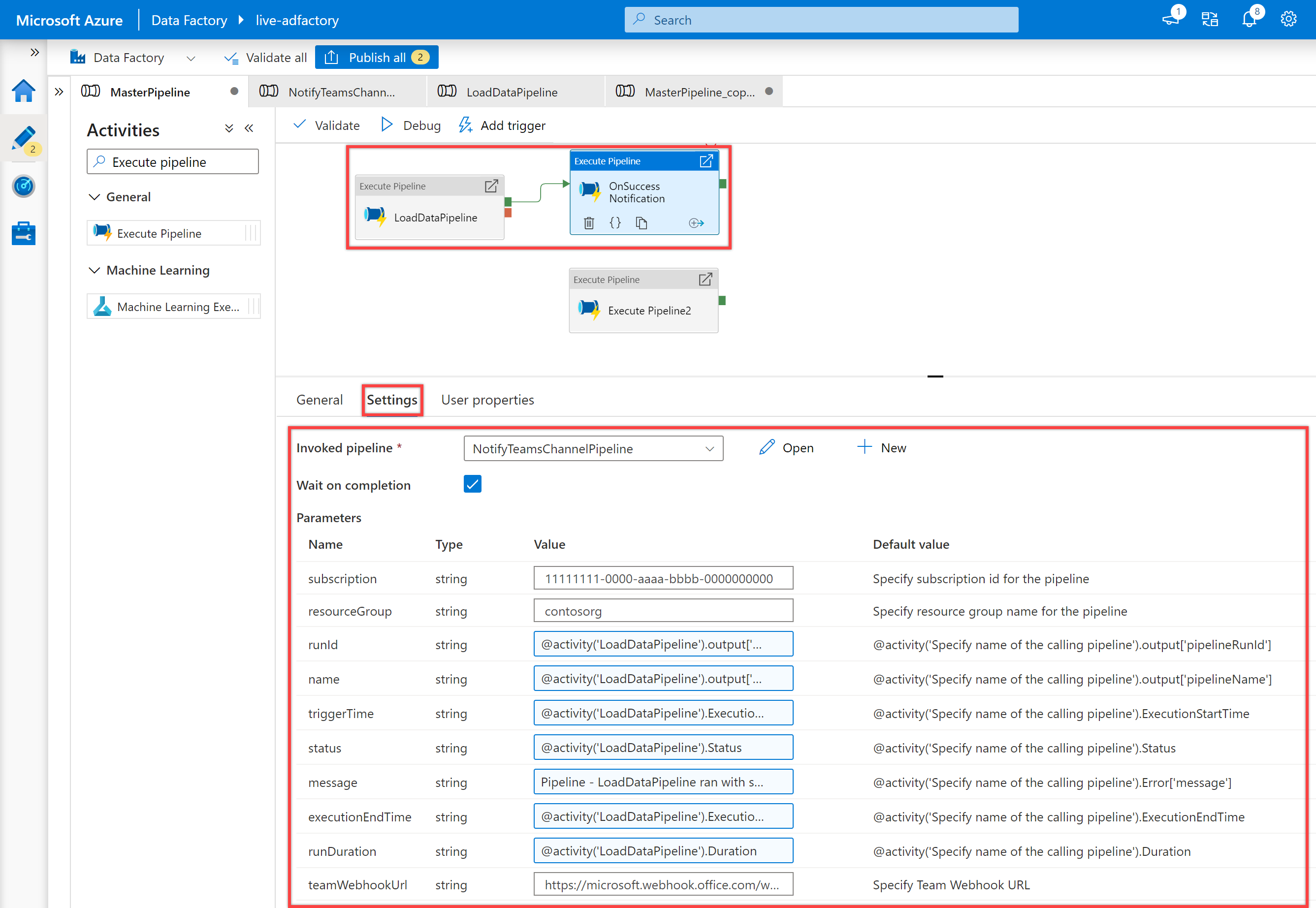 Shows the second &quot;Execute pipeline&quot; activity &quot;OnSuccess Notification&quot; setting pane for &quot;NotifiyTeamsChannelPipeline&quot; pipeline.