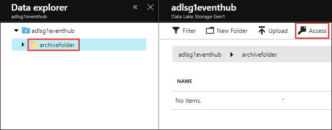 Assign permissions for the Data Lake Storage Gen1 folder Screenshot of the Data explorer with a folder in the account and the Access option called out.