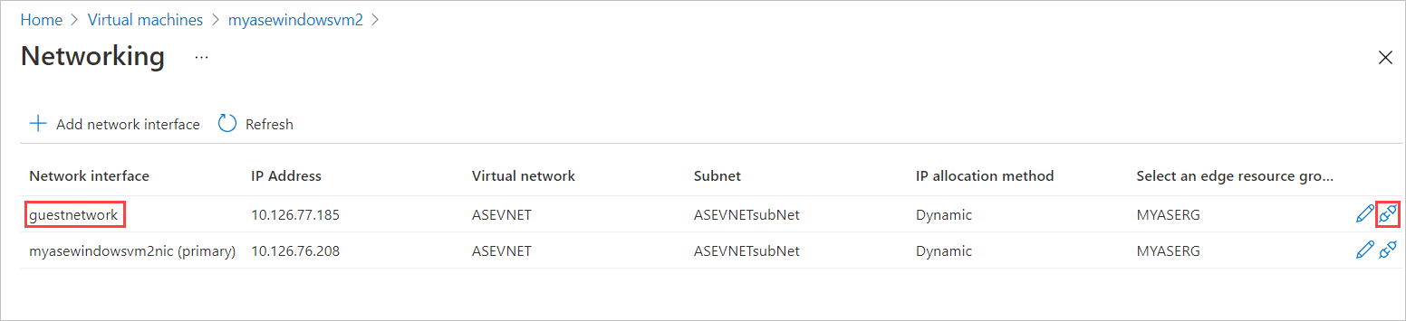 Screenshot of the Networking blade for a virtual machine. The name of a network interface, and the detach icon for it are highlighted.