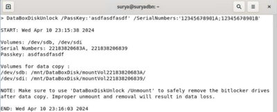 Screenshot of output showing successfully unlocked Data Box disks.