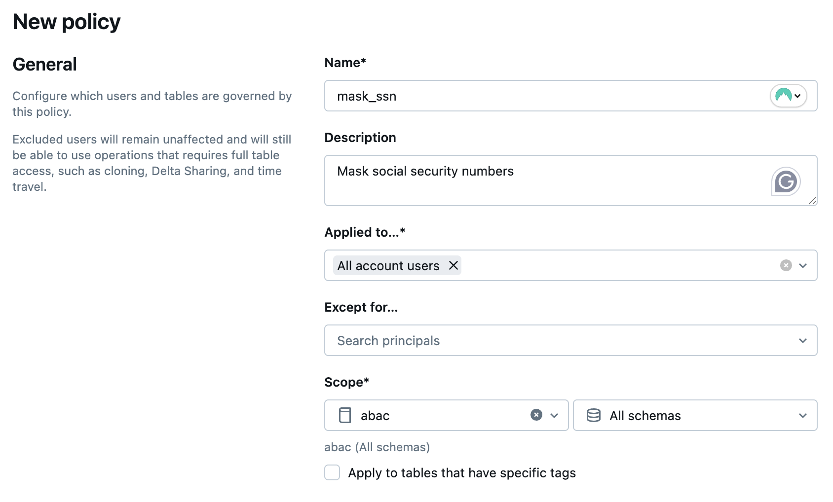 Example ABAC column mask policy settings for the General section.